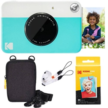 Kodak Printomatic Sofortbildkamera (Blau) Basis-Paket + Zinkpapier (20 Blätter) + Luxus-Etui + Bequemer Halsriemen - 1