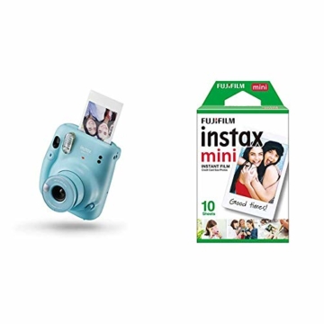 Instax Mini 11 Camera, Sky Blue + Fujifilm Instax Mini Instant Film, 1x 10 Blatt (10 Blatt), Weiß - 1
